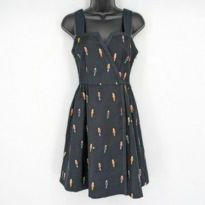 Kate Spade Flock Party Dress 0 Black Parrot Jacquard Fit N Flare Mock Wrap Mini